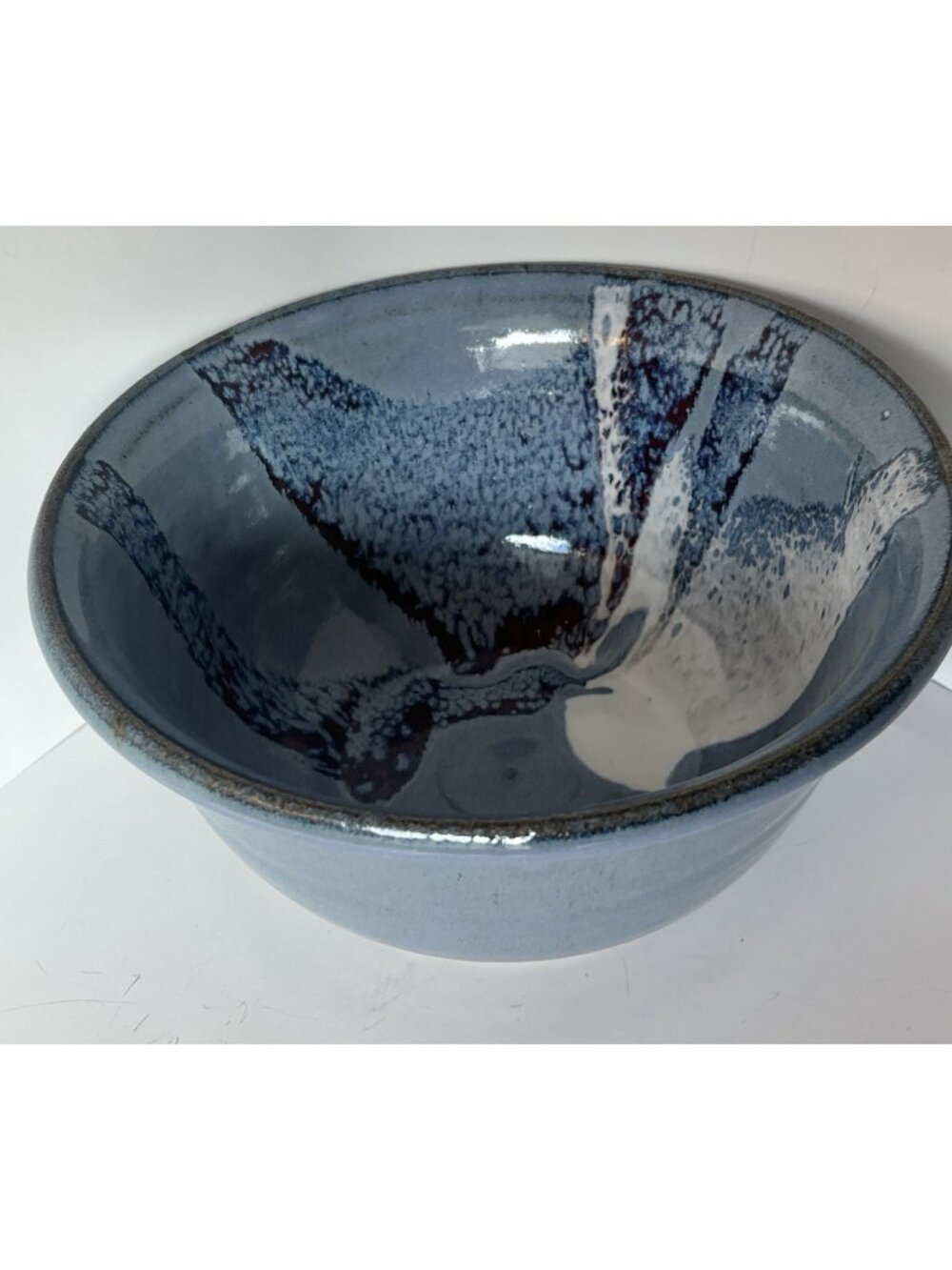 Signed Art Pottery Blue Stoneware Decorative Bowl White Red Speckled Glaze 8.5β